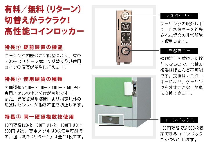 コインロッカー（有料／無料切替式）の特長